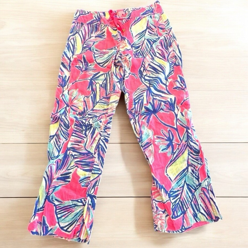 Lilly Pulitzer Galley Pants Sz 2 Tiki Pink Cabana Crazed 100%‎ Linen Wide Leg